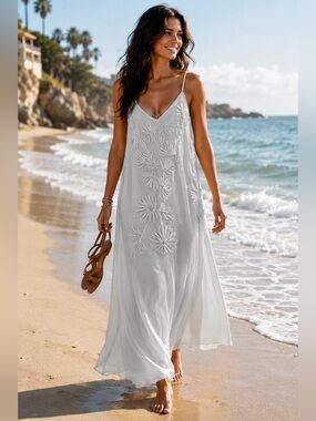 anthropologie white maxi dress Farm Rio Beaded Embellished Long Chocolate Couture 100% polyester Maxi length V Long White Formal Dresses |